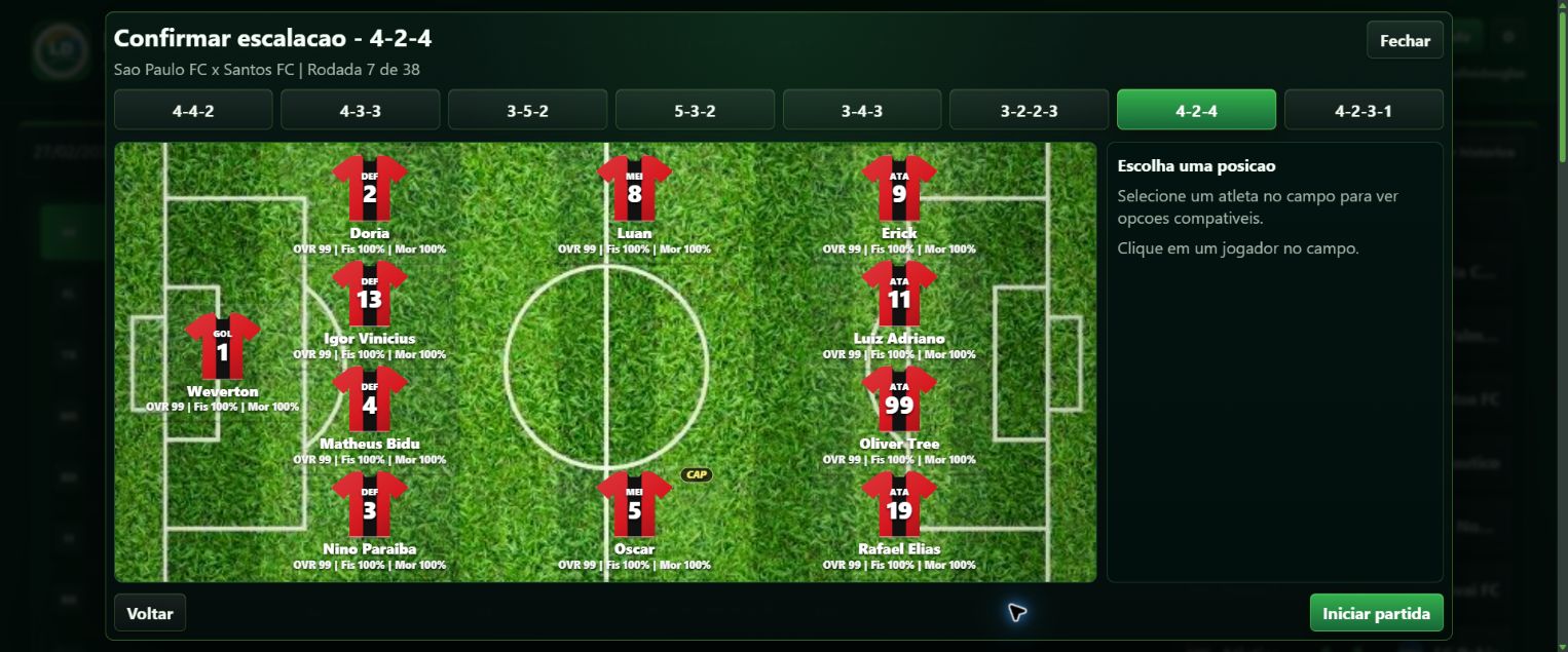 Escalacao atual com camisas nas cores do clube, numeros e formacoes taticas