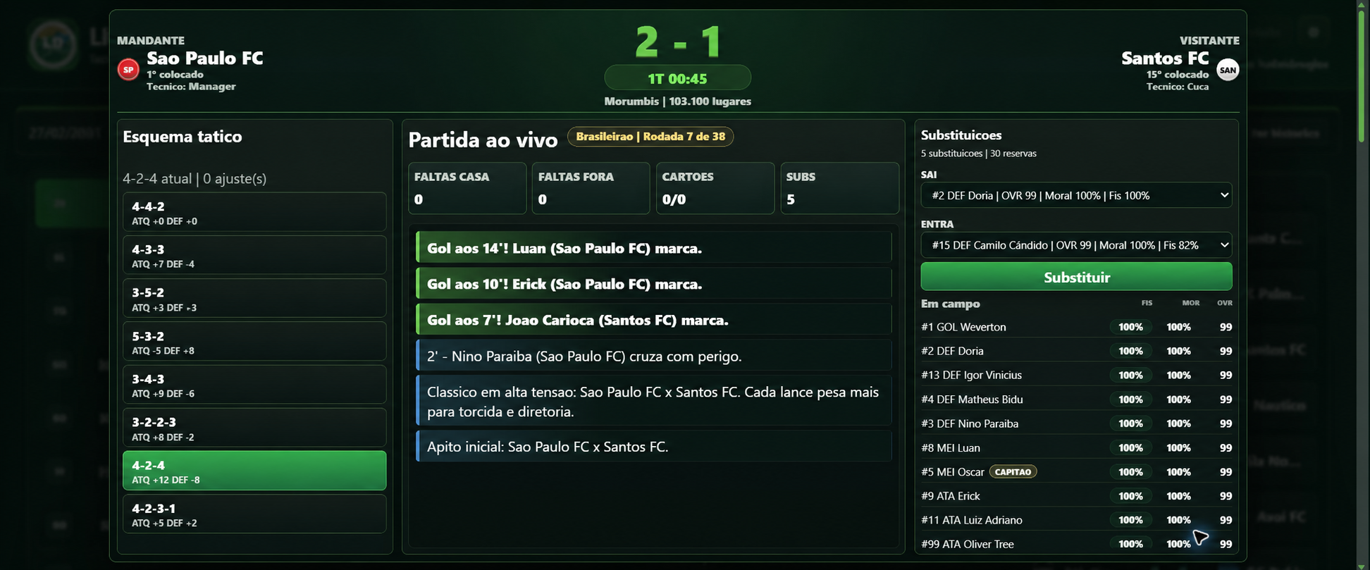 Partida ao vivo com placar, eventos, taticas, substituicoes e condicao dos jogadores